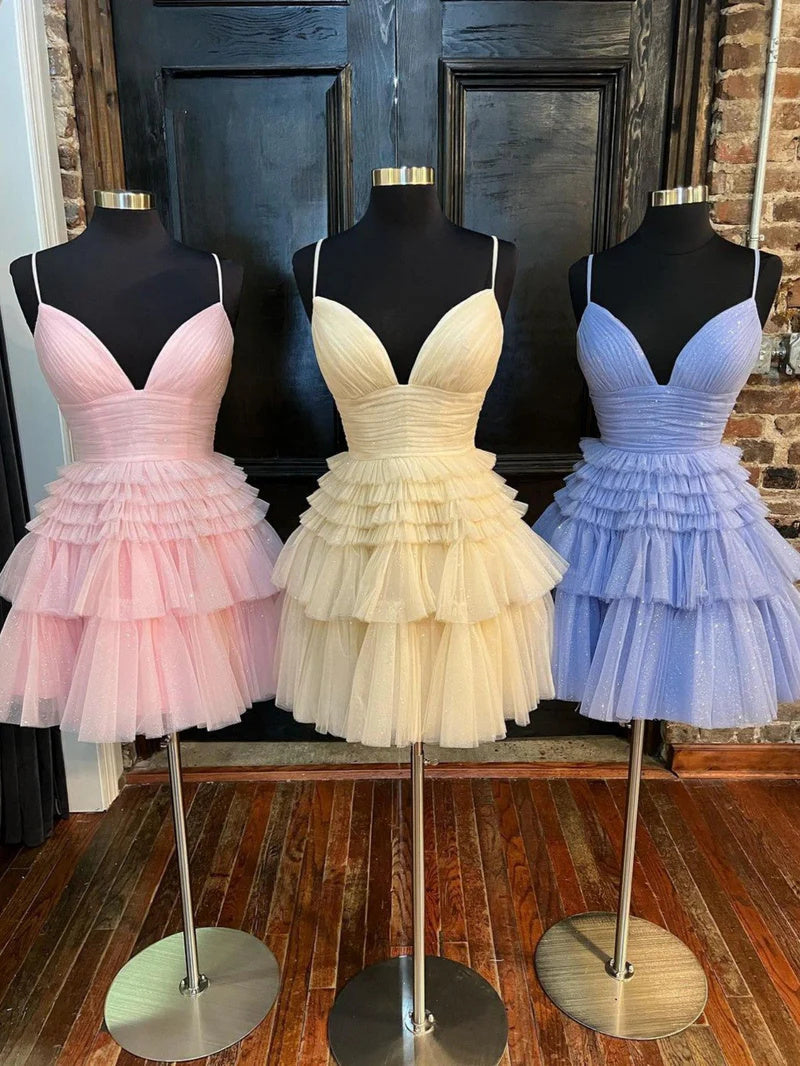 A-Line/Princess V-neck Spaghetti Straps Tulle Sleeveless Short/Mini Party Dance Cocktail Homecoming Dress With Pleated BabaMila