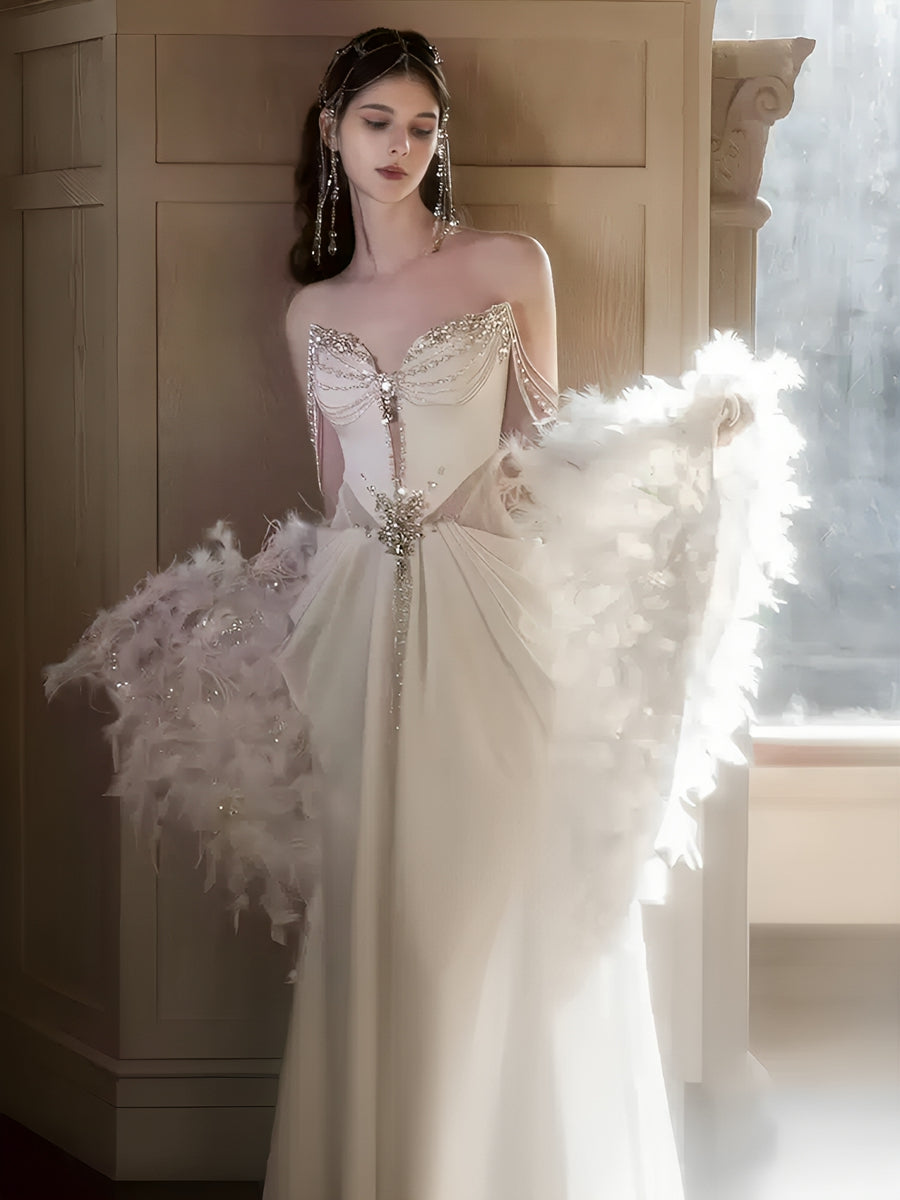 Trumpet/Mermaid Off-the-Shoulder Elegant Wedding Dresses with Beadings & Chains & Feather BabaMila