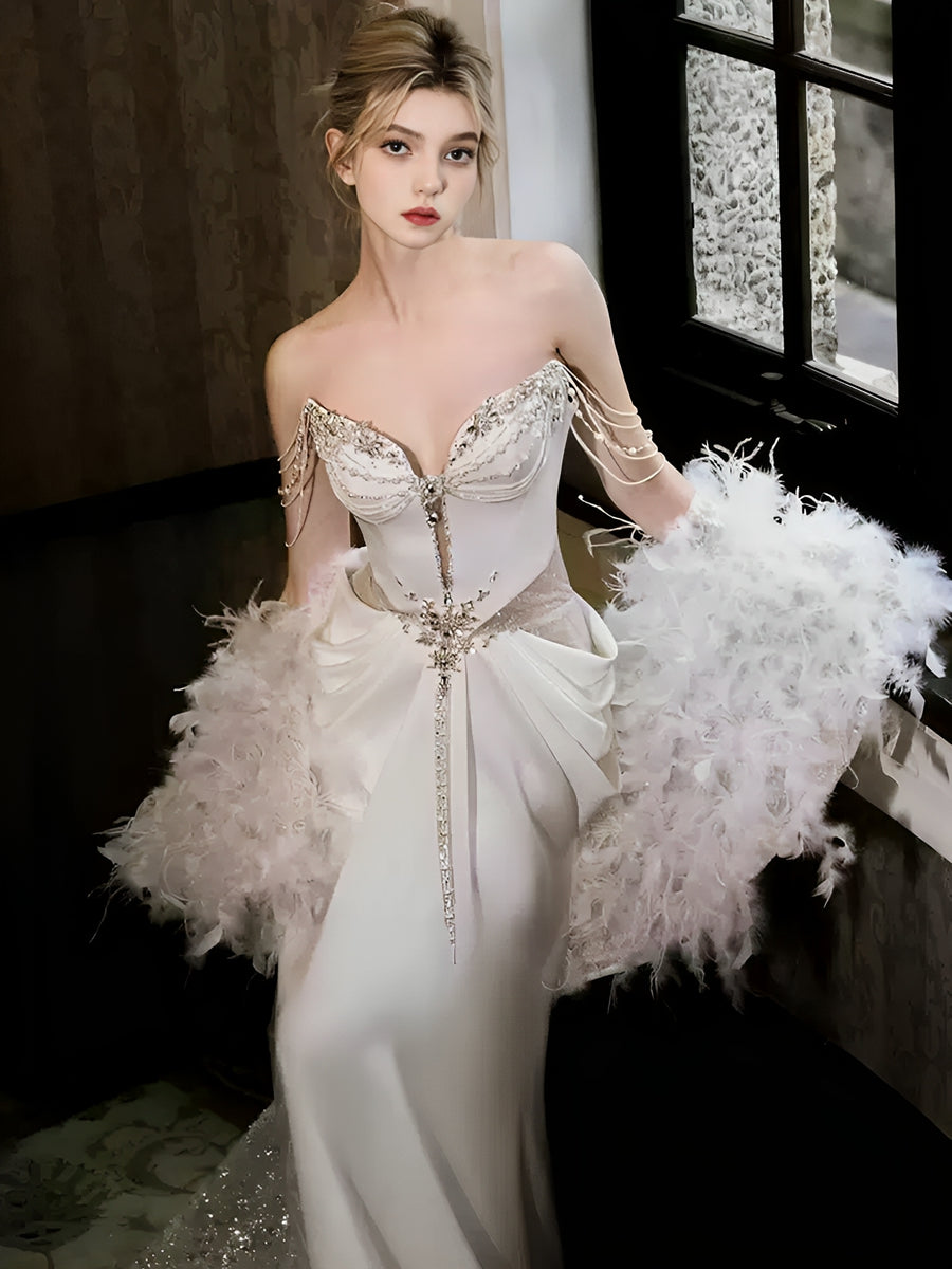 Trumpet/Mermaid Off-the-Shoulder Elegant Wedding Dresses with Beadings & Chains & Feather BabaMila