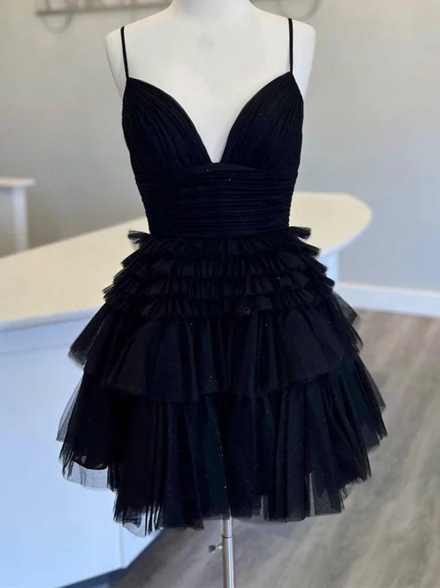 A-Line/Princess V-neck Spaghetti Straps Tulle Sleeveless Short/Mini Party Dance Cocktail Homecoming Dress With Pleated BabaMila