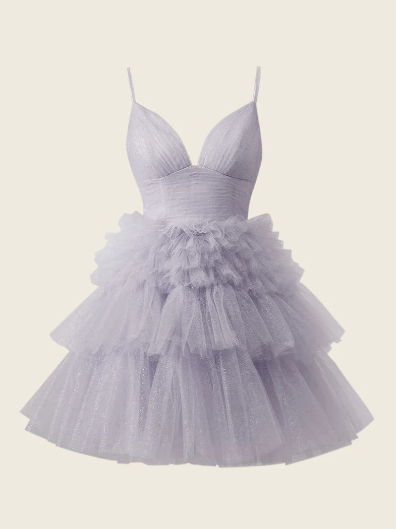 A-Line/Princess V-neck Spaghetti Straps Tulle Sleeveless Short/Mini Party Dance Cocktail Homecoming Dress With Pleated BabaMila