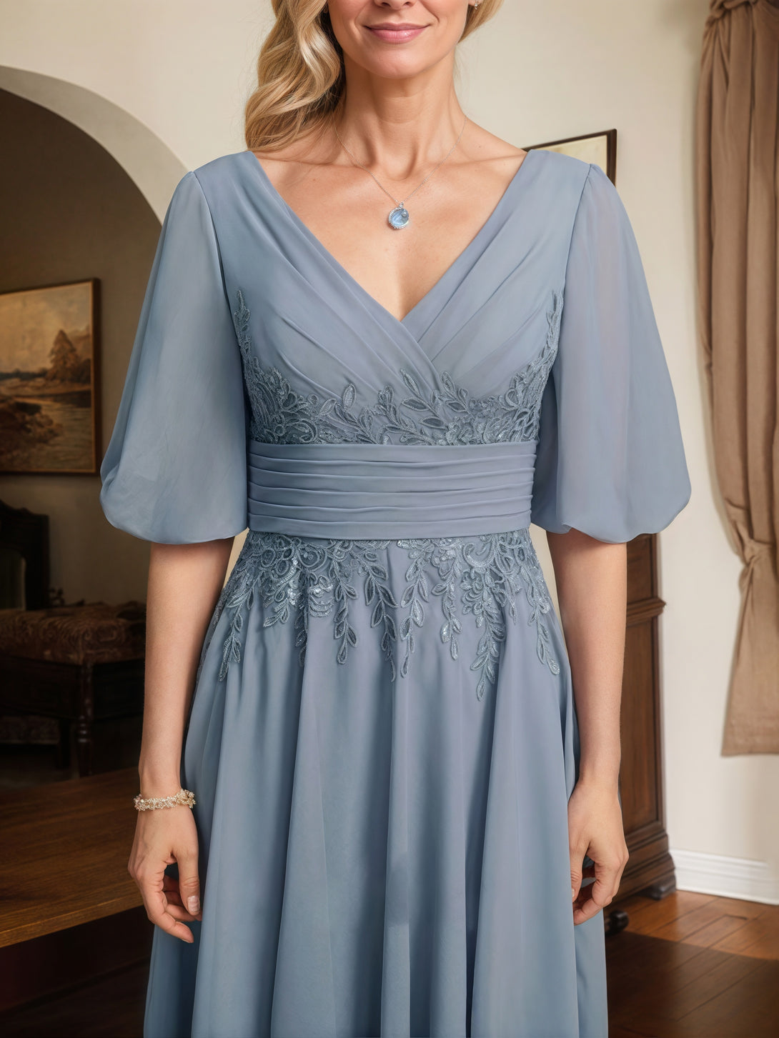 A-Line V-Neck Puff Sleeve Tea-Length Lace/Chiffon Mother of the Bride Dress With Pleated/Appliques/Belt BabaMila