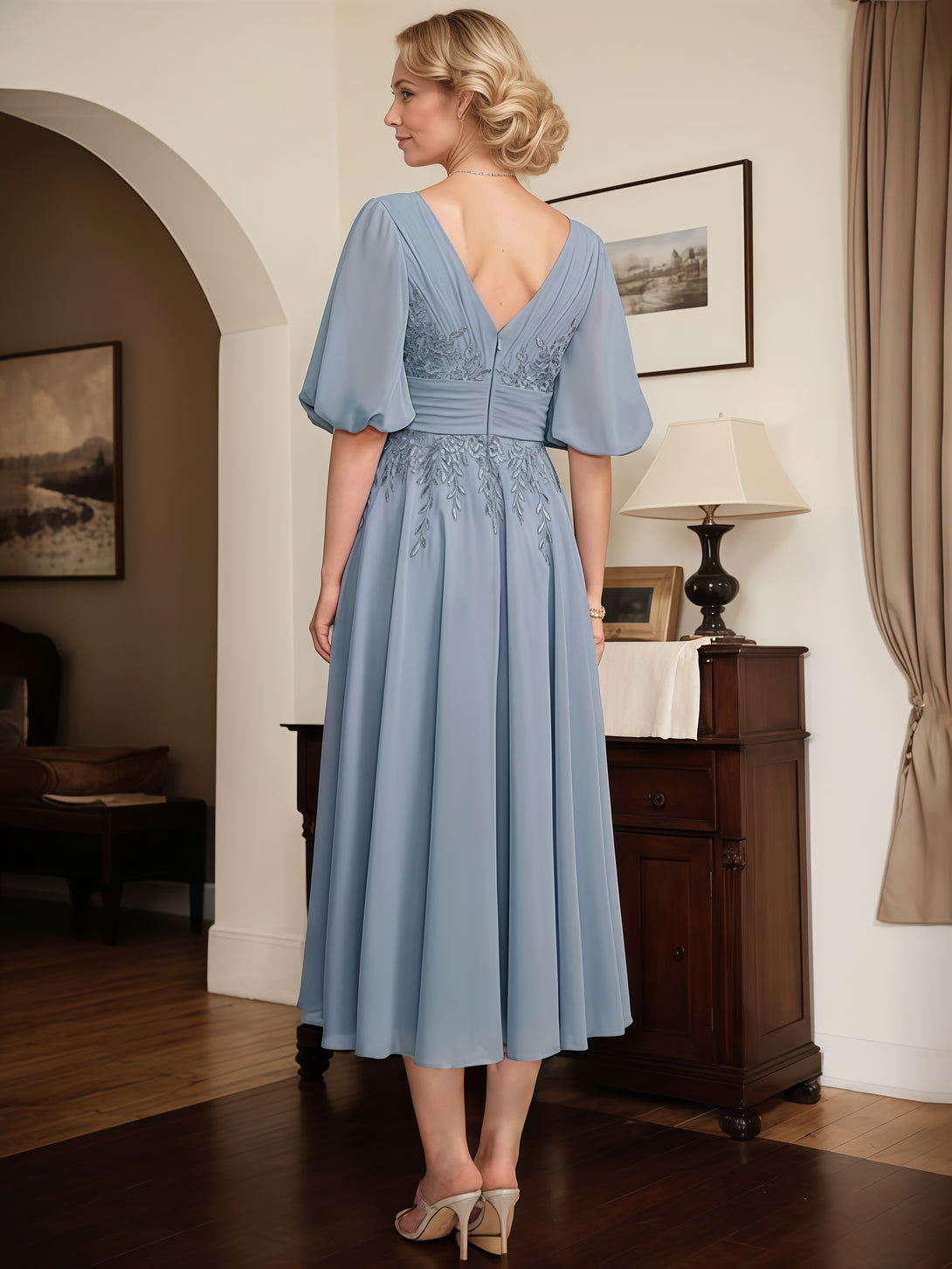 A-Line V-Neck Puff Sleeve Tea-Length Lace/Chiffon Mother of the Bride Dress With Pleated/Appliques/Belt BabaMila