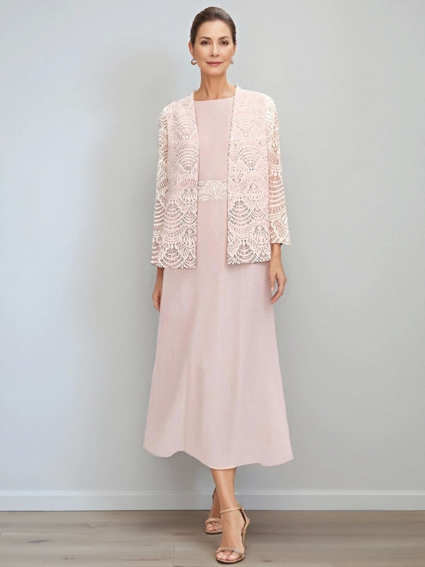 A-Line/Princess Jewel Neck Tea Length Mother Of The Bride Dresses With Jacket & Lace BabaMila