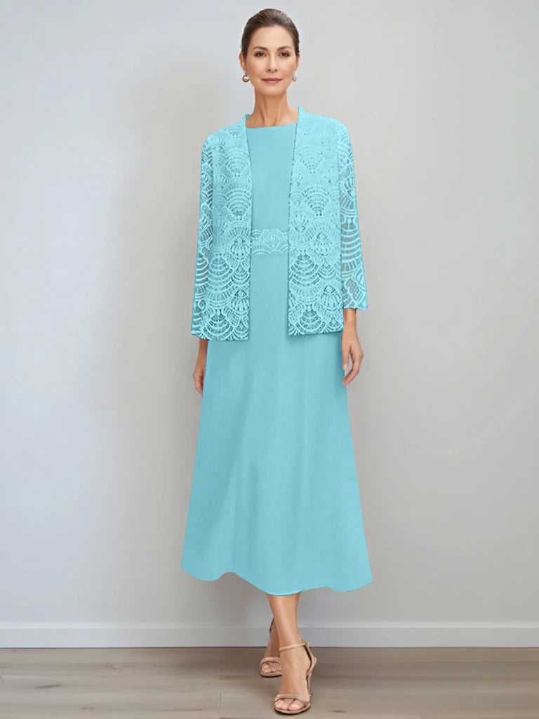 A-Line/Princess Jewel Neck Tea Length Mother Of The Bride Dresses With Jacket & Lace BabaMila