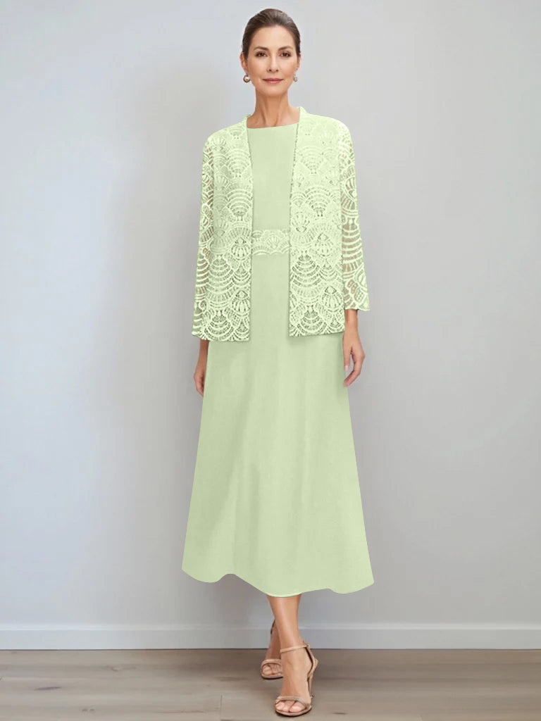 A-Line/Princess Jewel Neck Tea Length Mother Of The Bride Dresses With Jacket & Lace BabaMila