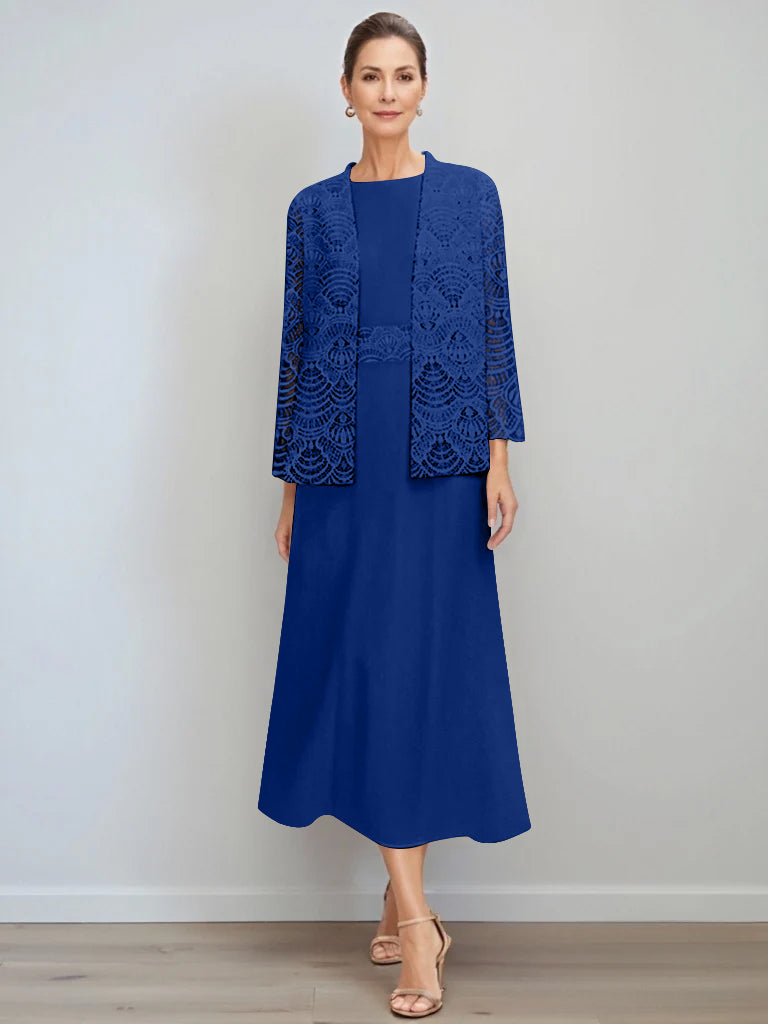 A-Line/Princess Jewel Neck Tea Length Mother Of The Bride Dresses With Jacket & Lace BabaMila