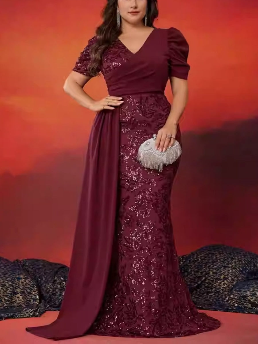 Sheath/Column Short Sleeves V-Neck Plus Size Mother Of The Bride Dresses Sequins Floor-Length BabaMila