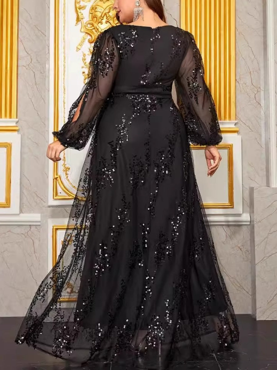 A-Line/Princess Sequins V-Neck Plus Size Mother Of The Bride Dresses With Knot Bow Long Sleeves Floor-Length BabaMila