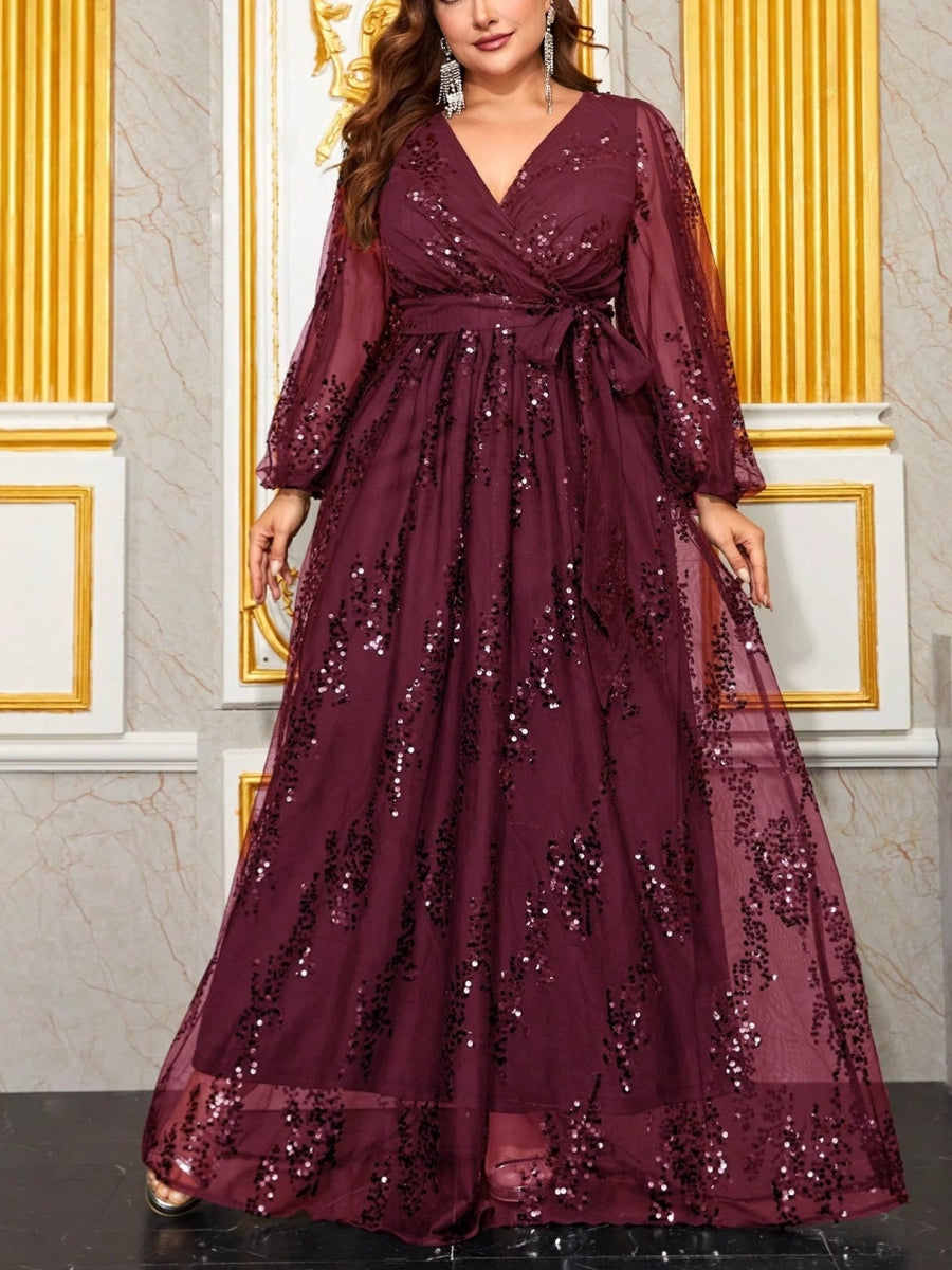 A-Line/Princess Sequins V-Neck Plus Size Mother Of The Bride Dresses With Knot Bow Long Sleeves Floor-Length BabaMila