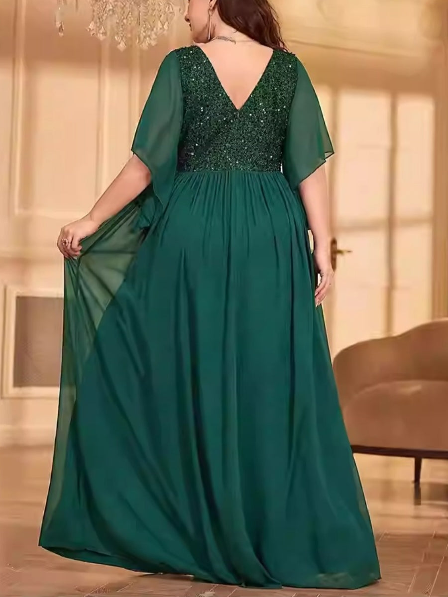 A-Line/Princess Chiffon Short Sleeves V-Neck Plus Size Mother Of The Bride Dresses Sequins Floor-Length BabaMila