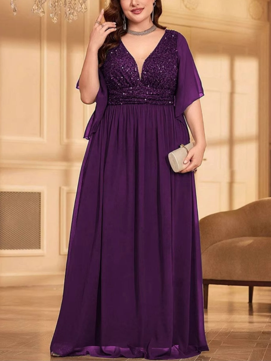 A-Line/Princess Chiffon Short Sleeves V-Neck Plus Size Mother Of The Bride Dresses Sequins Floor-Length BabaMila