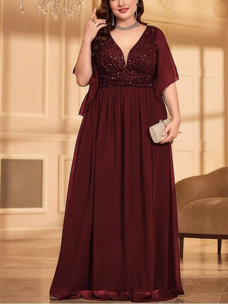 A-Line/Princess Chiffon Short Sleeves V-Neck Plus Size Mother Of The Bride Dresses Sequins Floor-Length BabaMila