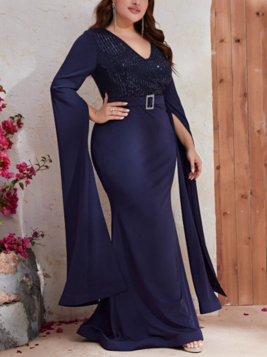 Trumpet/Mermaid V-Neck Long Sleeves Plus Size Mother Of The Bride Dresses Sequins Floor-Length BabaMila