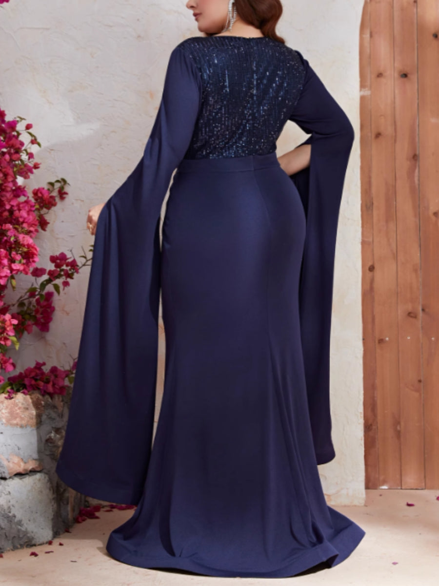 Trumpet/Mermaid V-Neck Long Sleeves Plus Size Mother Of The Bride Dresses Sequins Floor-Length BabaMila