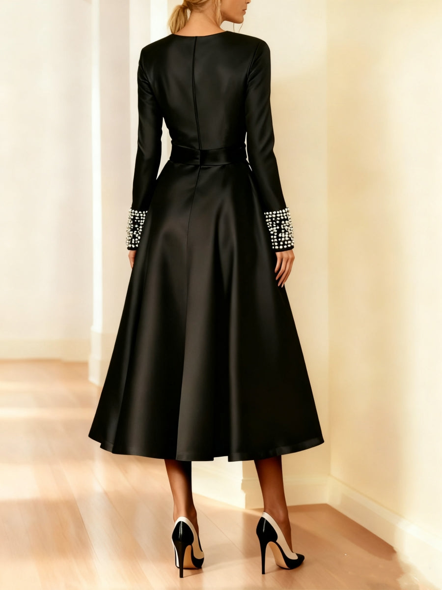 A-Line/Princess Long Sleeves Jewel Neck Mother Of The Bride Dresses With Beading Tea-Length BabaMila