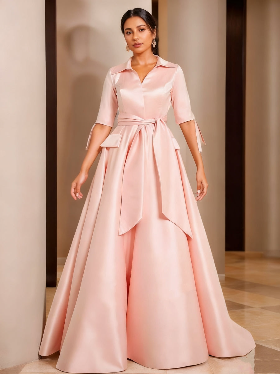 A-Line/Princess Half Sleeves V-Neck Floor-Length Plus Size Mother Of The Bride Dresses With Sash BabaMila