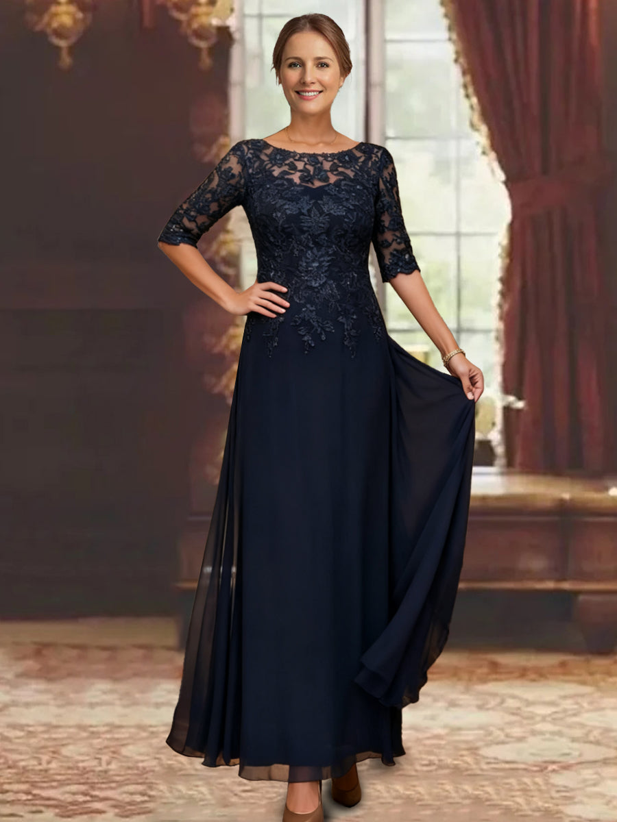 A-Line/Princess Chiffon Scoop Half Sleeves Mother Of The Bride Dresses Lace Ankle-Length BabaMila