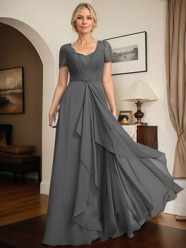 A-Line Sweetheart Neck Short Sleeve Floor-Length Lace/Chiffon Mother of the Bride Dress With Cascading Ruffles/Beads BabaMila
