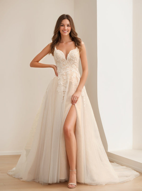 A-Line/Princess Sleeveless Long Wedding Dresses with Appliques & Split Side BabaMila