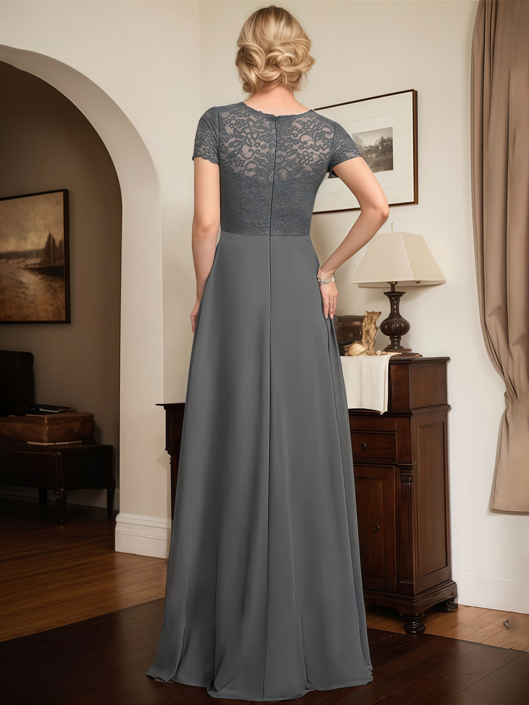 A-Line Sweetheart Neck Short Sleeve Floor-Length Lace/Chiffon Mother of the Bride Dress With Cascading Ruffles/Beads BabaMila