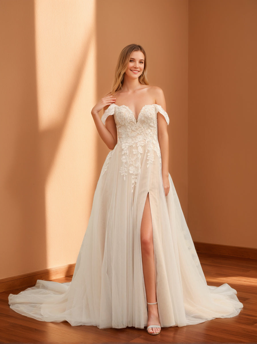 A-Line/Princess Sleeveless Long Wedding Dresses with Appliques & Split Side BabaMila