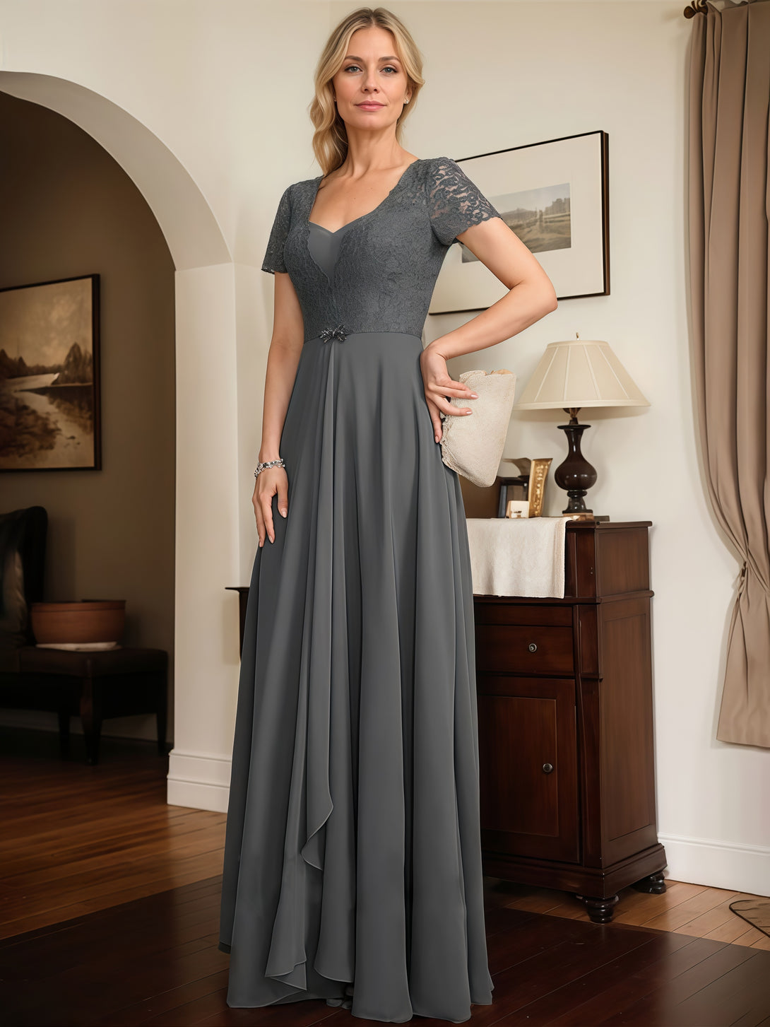 A-Line Sweetheart Neck Short Sleeve Floor-Length Lace/Chiffon Mother of the Bride Dress With Cascading Ruffles/Beads BabaMila