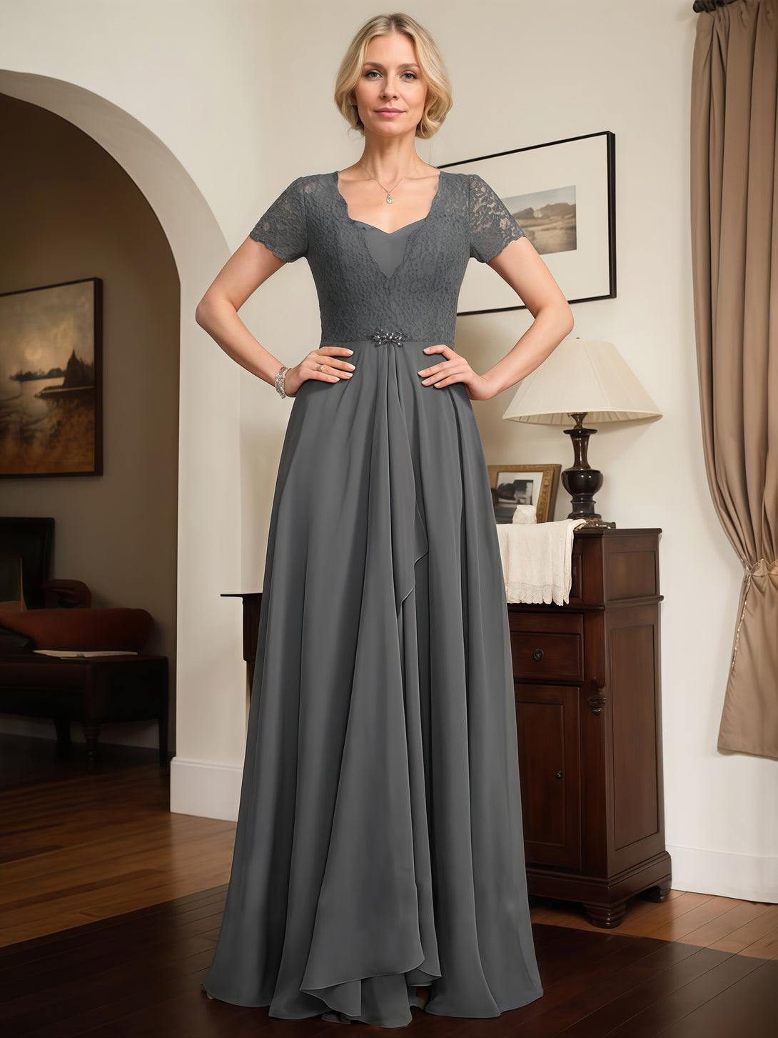 A-Line Sweetheart Neck Short Sleeve Floor-Length Lace/Chiffon Mother of the Bride Dress With Cascading Ruffles/Beads BabaMila