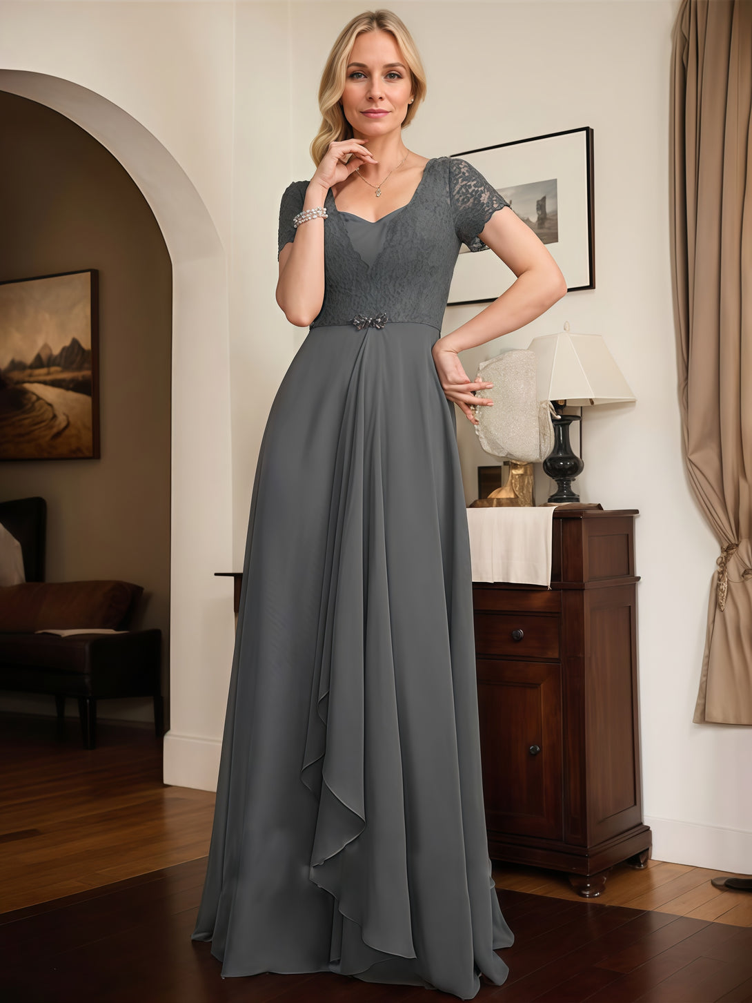 A-Line Sweetheart Neck Short Sleeve Floor-Length Lace/Chiffon Mother of the Bride Dress With Cascading Ruffles/Beads BabaMila