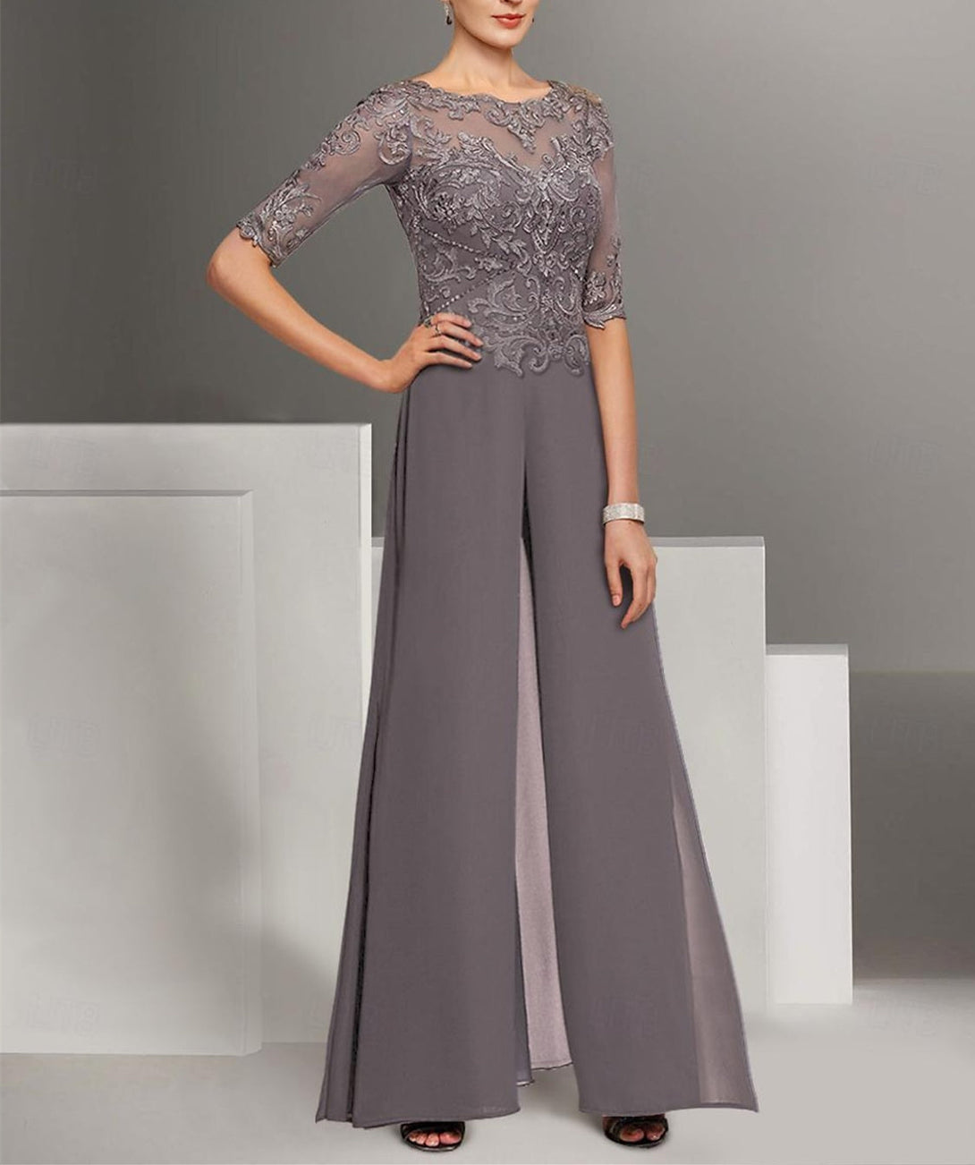 Chiffon Jewel Neck Half Sleeves Ankle-Length Mother Of The Bride Pantsuits With Lace BabaMila