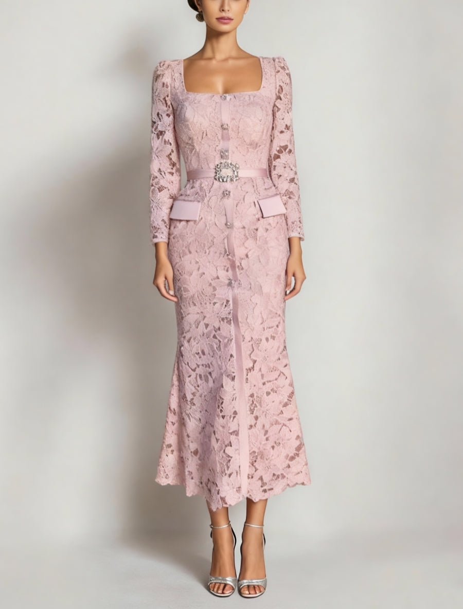 Sheath/Column Lace Long Sleeves Square Collar Mother Of The Bride Dresses Ankle-Length BabaMila