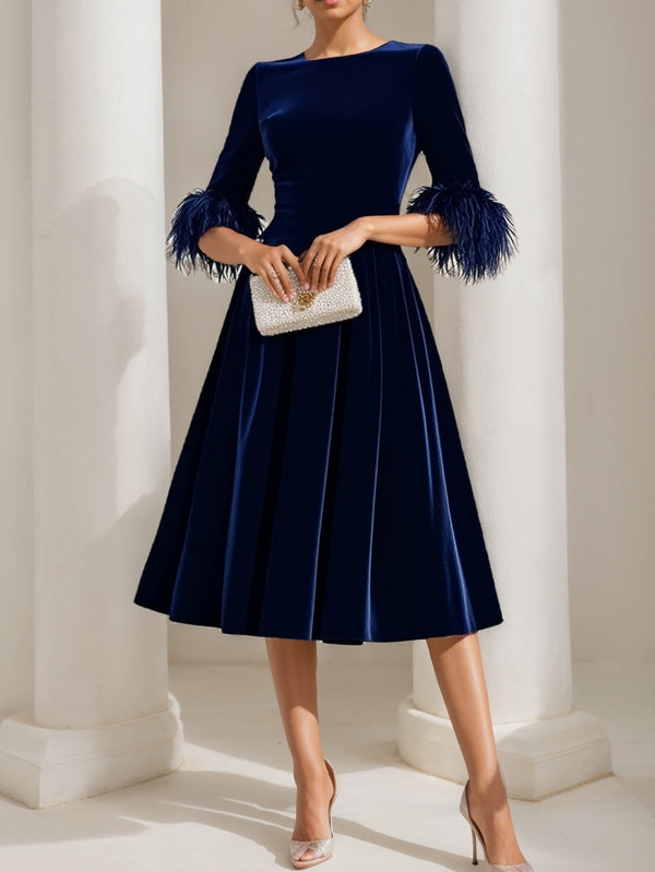 A-Line/Princess Scoop Velvet Mother Of The Bride Dresses Half Sleeves Feather-Trimmed BabaMila