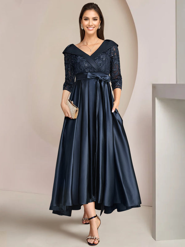 A-Line/Princess V-Neck Mother Of The Bride Dresses Asymmetrical Ankle-Length Lace Sequins Bow BabaMila