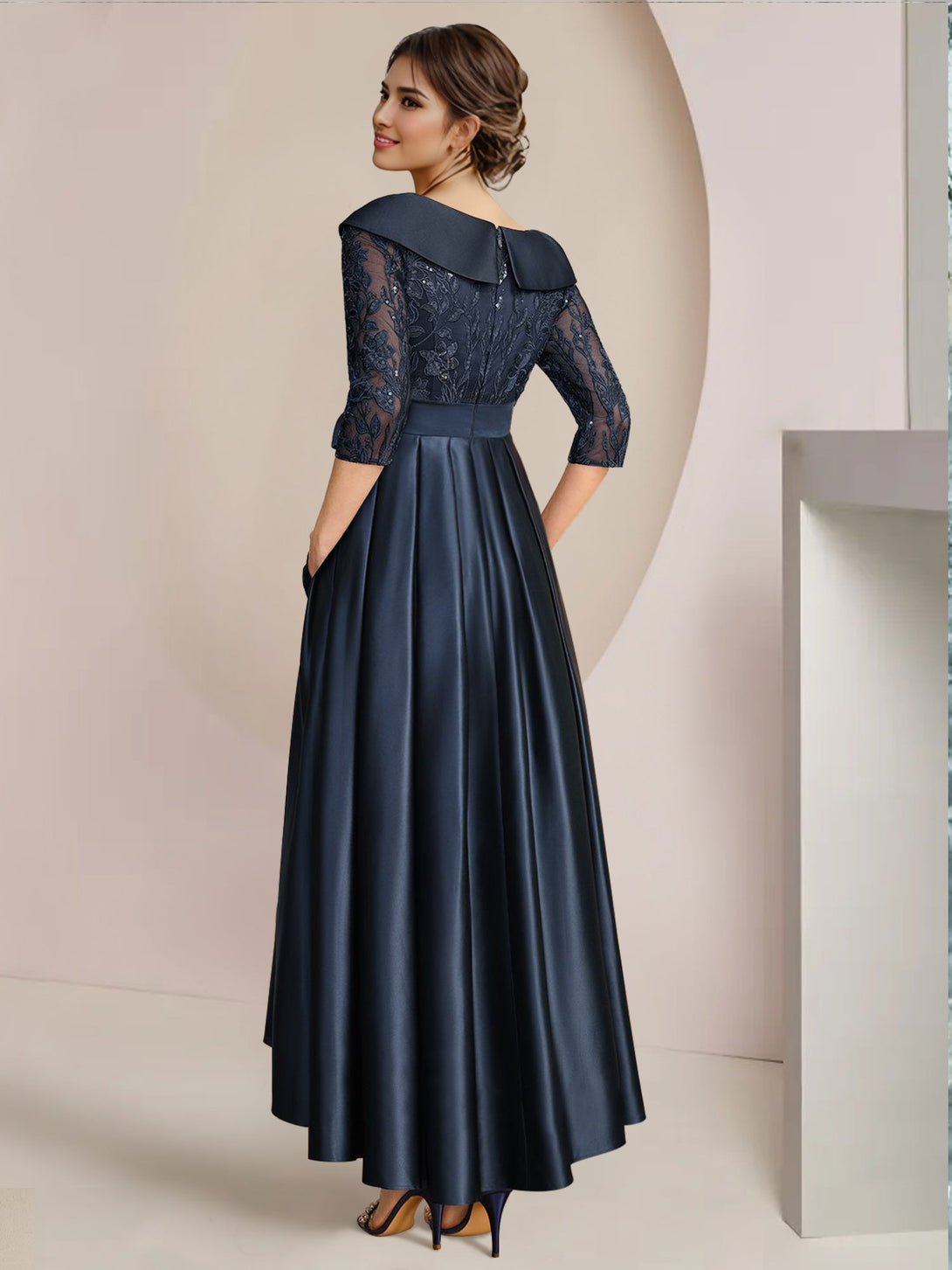 A-Line/Princess V-Neck Mother Of The Bride Dresses Asymmetrical Ankle-Length Lace Sequins Bow BabaMila