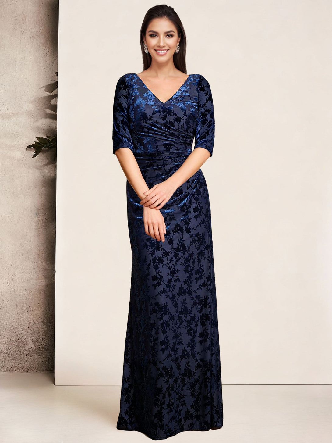 Sheath/Column V-Neck Velvet Floral Mother Of The Bride Dresses Pleated BabaMila