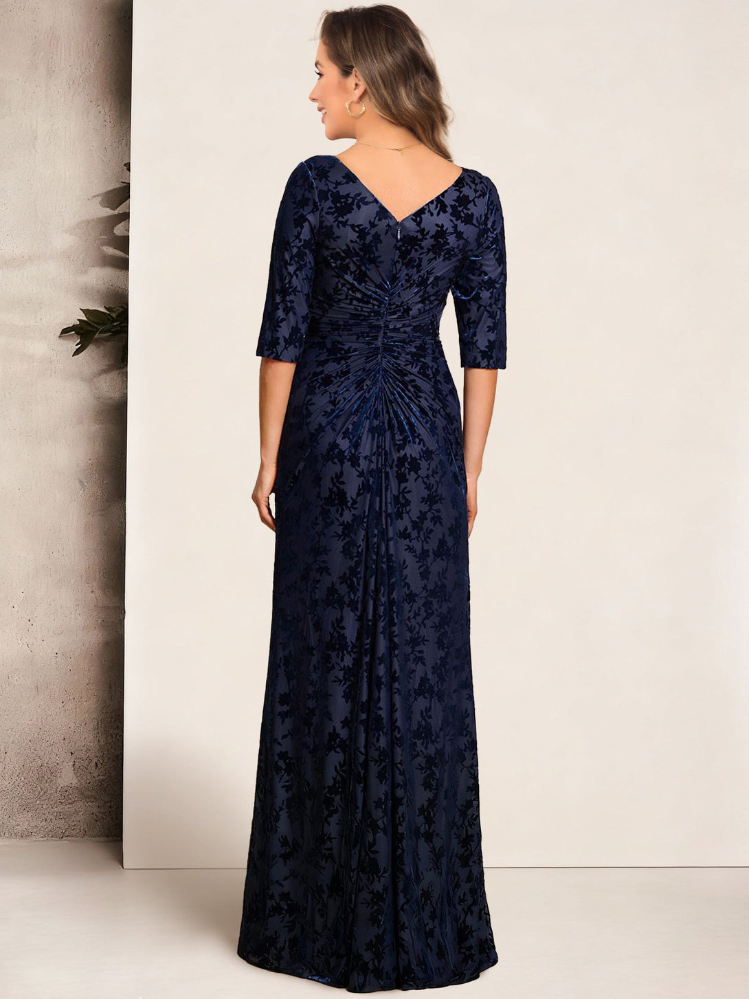 Sheath/Column V-Neck Velvet Floral Mother Of The Bride Dresses Pleated BabaMila