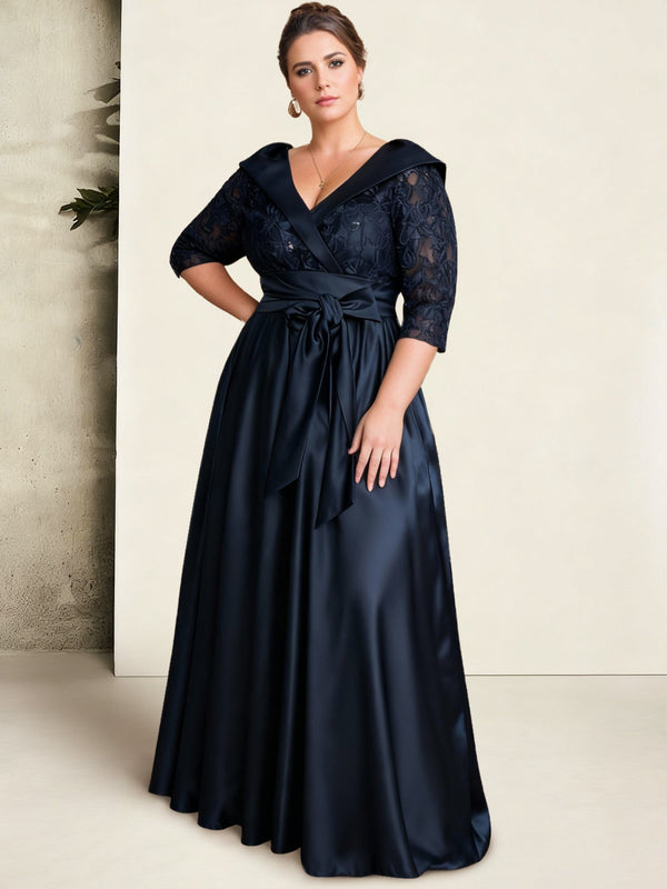 A-Line/Princess V-Neck Plus Size Mother Of The Bride Dresses Floor-Length Lace Sequins Bow BabaMila
