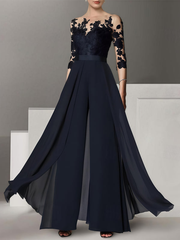 Jumpsuit Illusion Boat Neck 3/4 Sleeve Floor-Length Lace/Chiffon Mother of the Bride Dress With Appliques/Belt BabaMila