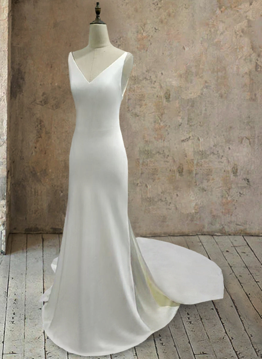 Trumpet/Mermaid White Satin V-Neck Minimalist Sleeveless Wedding Dresses BabaMila