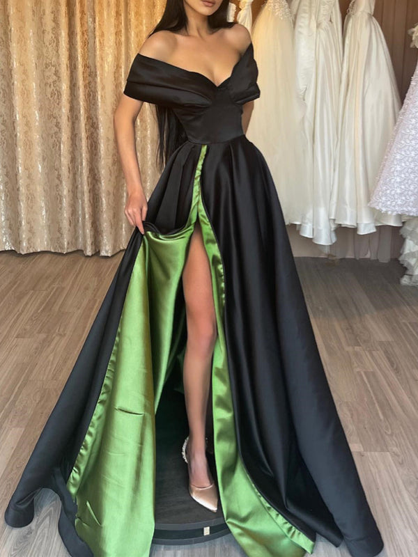 A-Line/Princess Off-the-Shoulder V-Neck Floor-length Prom Dresses With Pleated BabaMila
