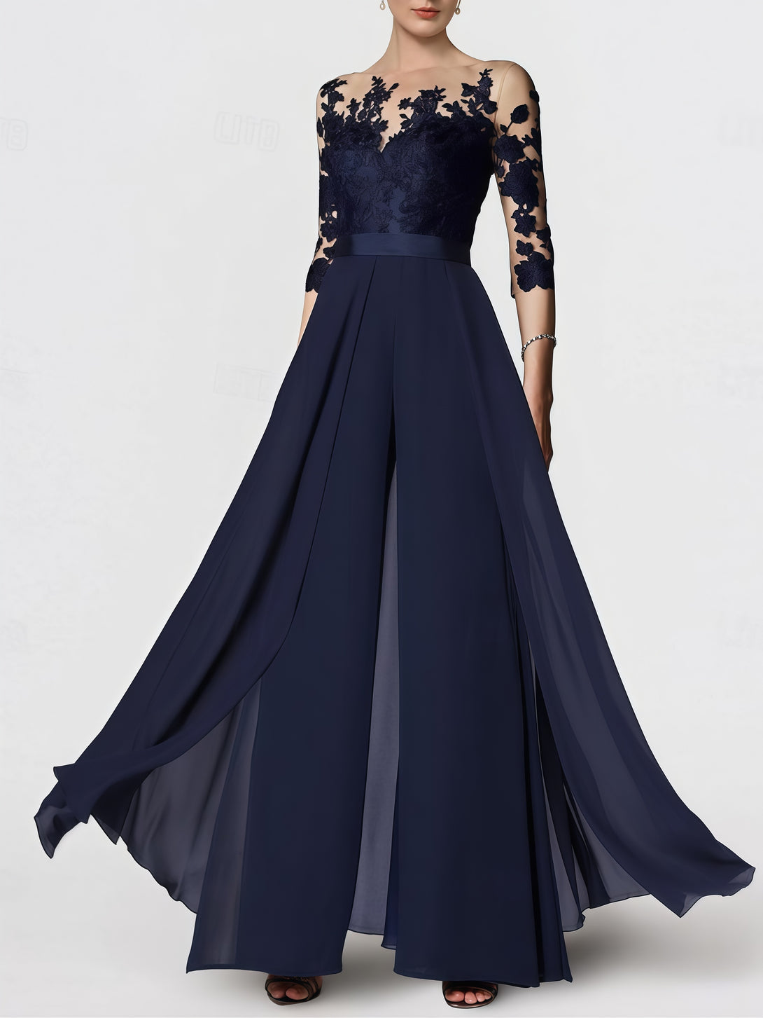 Jumpsuit Illusion Boat Neck 3/4 Sleeve Floor-Length Lace/Chiffon Mother of the Bride Dress With Appliques/Belt BabaMila