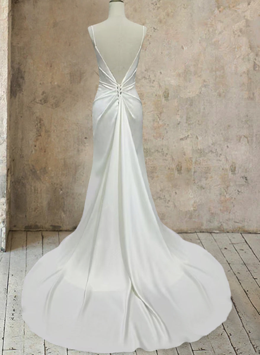 Trumpet/Mermaid White Satin V-Neck Minimalist Sleeveless Wedding Dresses BabaMila
