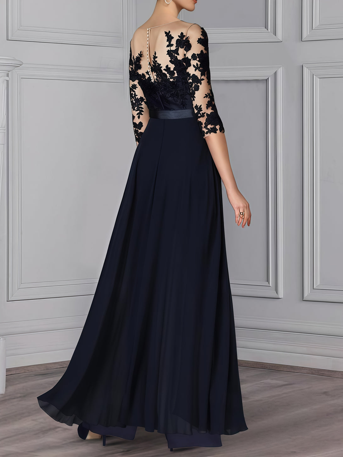 Jumpsuit Illusion Boat Neck 3/4 Sleeve Floor-Length Lace/Chiffon Mother of the Bride Dress With Appliques/Belt BabaMila