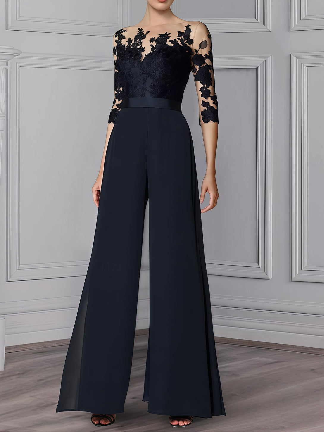 Jumpsuit Illusion Boat Neck 3/4 Sleeve Floor-Length Lace/Chiffon Mother of the Bride Dress With Appliques/Belt BabaMila