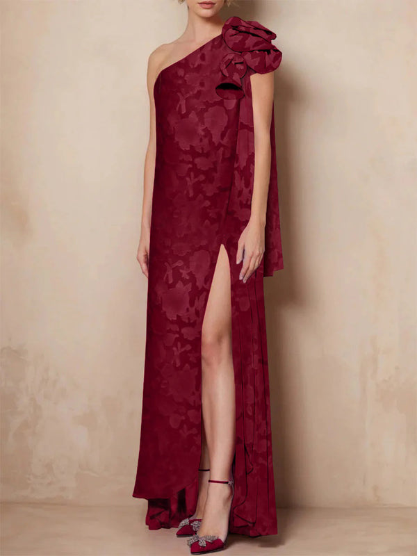 A-Line/Princess One-Shoulder Sleeveless Floor-Length Rose Lace Applique Mother Of The Bride Dresses With Split Side BabaMila