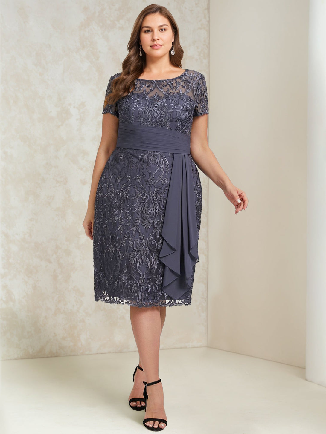 Sheath/Column Scoop Chiffon Plus Size Mother Of The Bride Dresses With Wrap/Jacket Lace BabaMila