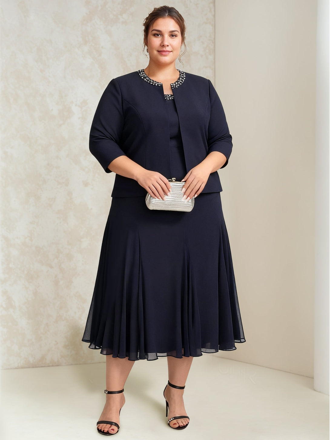 A-Line/Princess Chiffon Scoop Plus Size Mother Of The Bride Dresses With Wrap/Jacket Beading BabaMila