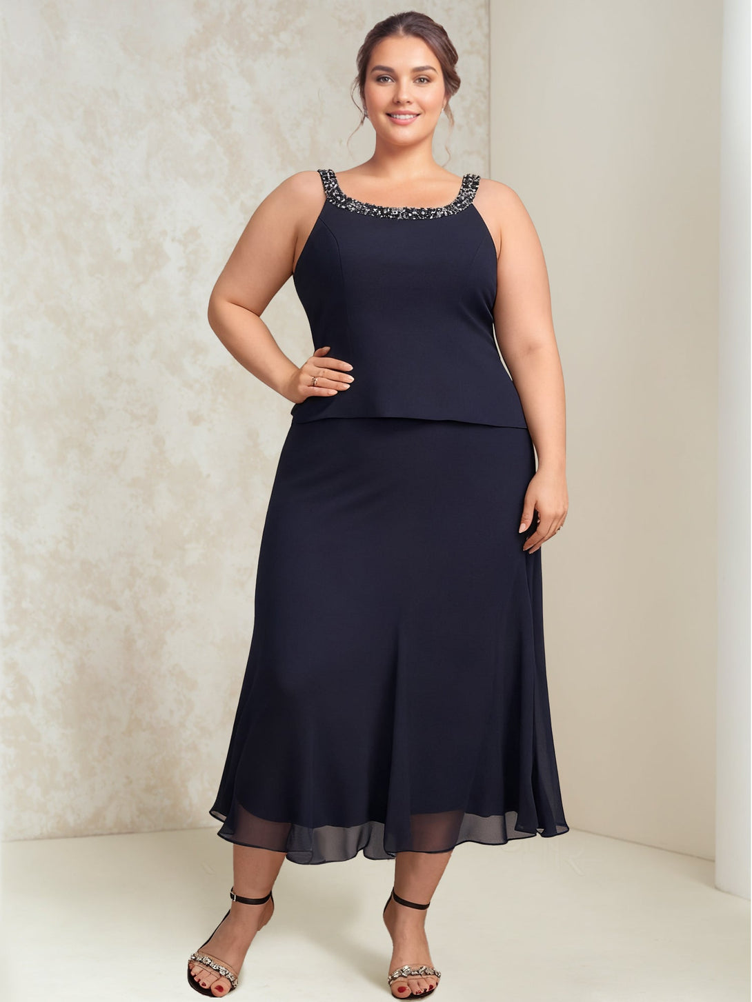 A-Line/Princess Chiffon Scoop Plus Size Mother Of The Bride Dresses With Wrap/Jacket Beading BabaMila