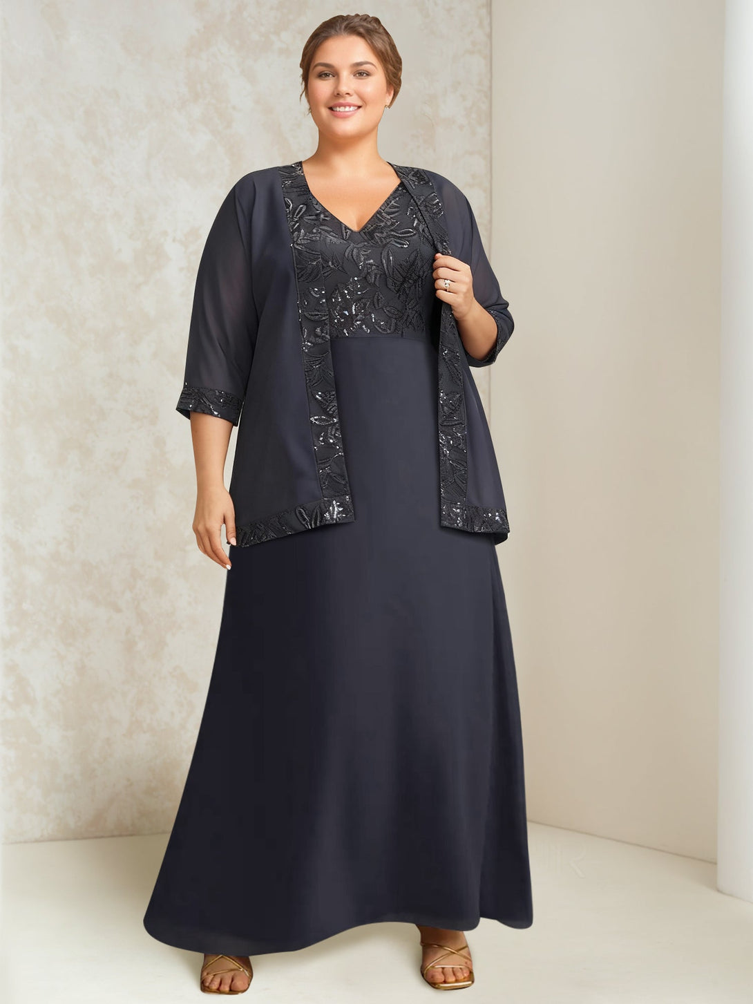 A-Line/Princess Chiffon V-Neck Plus Size Mother Of The Bride Dresses Lace Sequins With Wrap/Jacket BabaMila