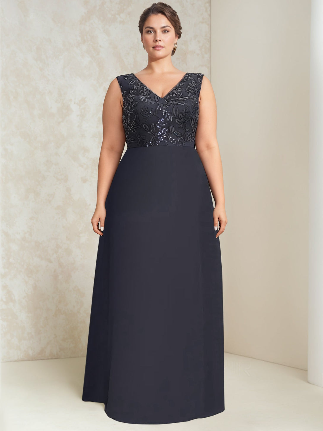 A-Line/Princess Chiffon V-Neck Plus Size Mother Of The Bride Dresses Lace Sequins With Wrap/Jacket BabaMila